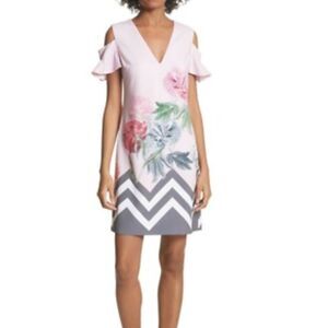 Ted Baker London Pink Floral Cold Shoulder Dress Size 2 Chevron Hem Sheath Mini